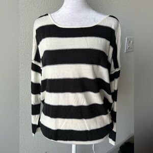 Sandro Black and Off-White Crew Neck Sweater with Bold Stripes and silver detail